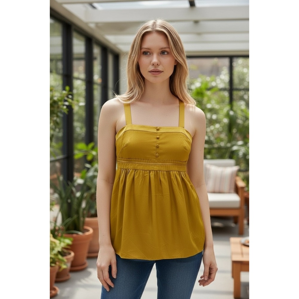 J. Crew Silk Babydoll Y2K Tank Top Gold Size 4‎ Satin Ribbon Strap Cross Back